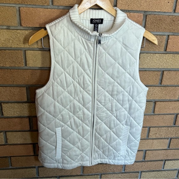 Jones New York White Quilted Front Knit Cotton Vest Full Zip Size Small - Picture 1 of 7